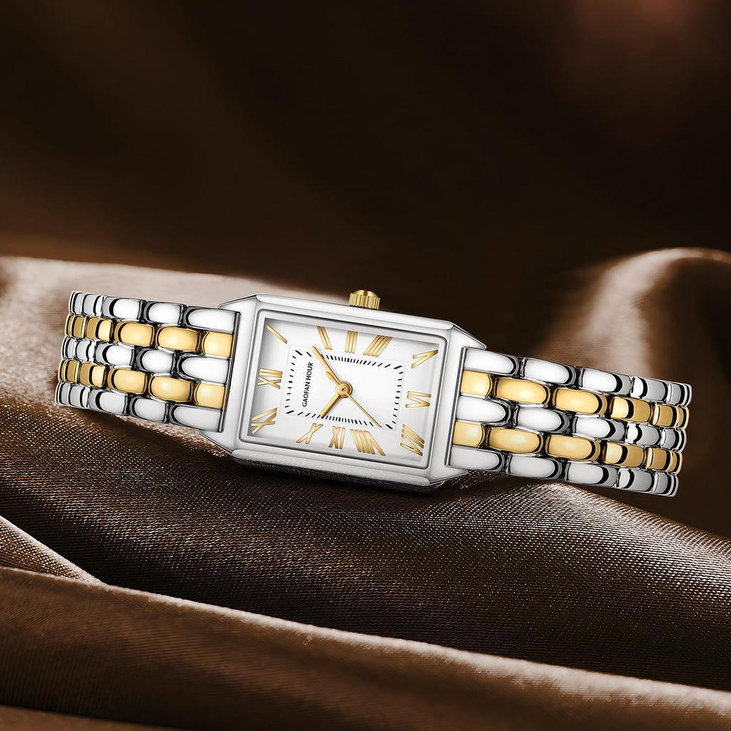 Gold Watches for Women with Vintage Rectangular Case,White Roman Dial,Stainless Steel Band,Adjustment Tool Included,Water Resistant