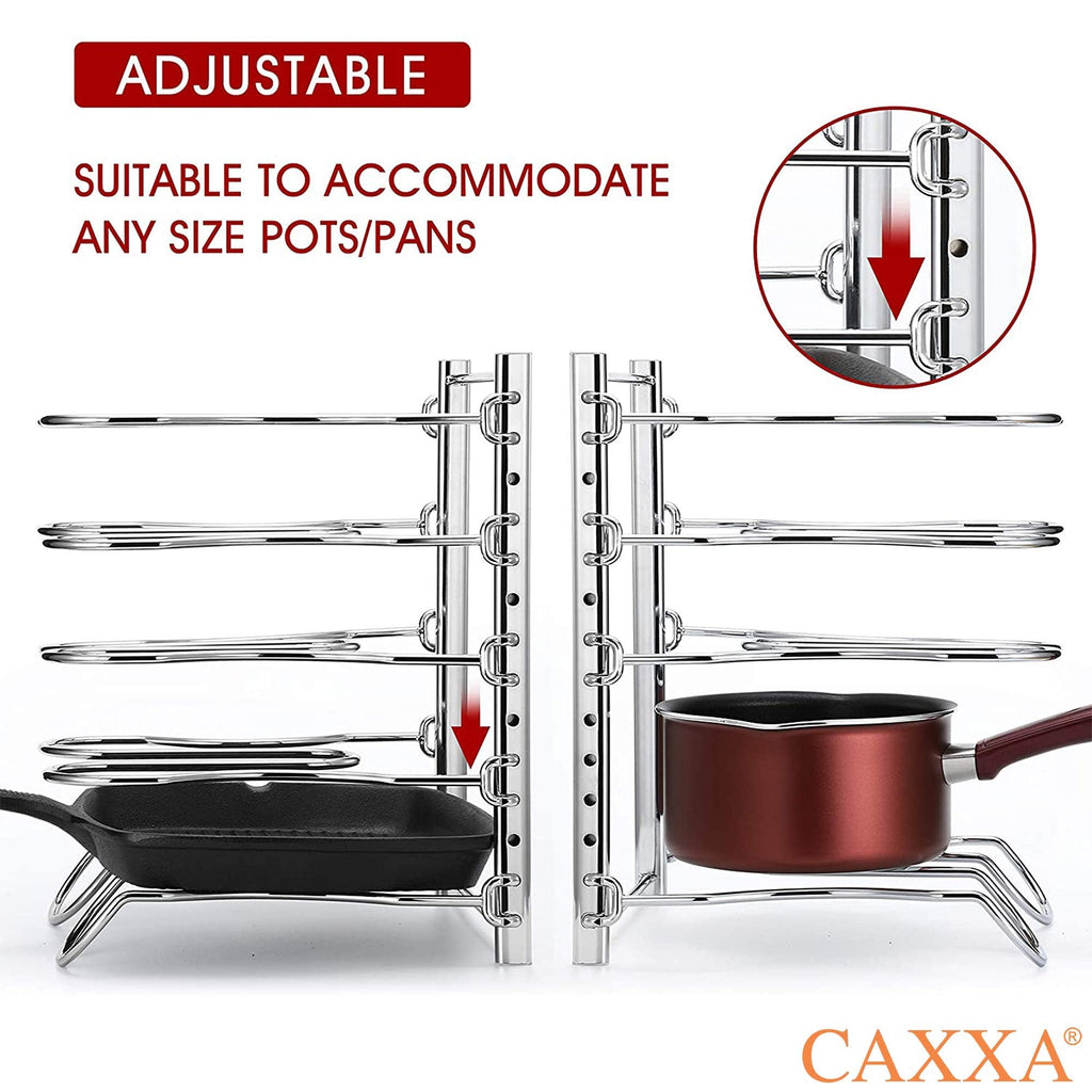 CAXXA Heavy Duty Pan Rack, Pot Lid Rack, Kitchen Cabinet Pantry Cookware Organizer Rack Holder with 5 Adjustable Dividers, Chrome
