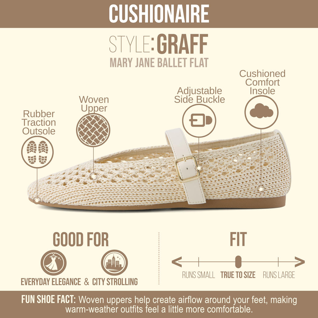 CUSHIONAIRE Graff Mary Jane Shoes for Women, Woven Ballet Flats with Adjustable Buckle Strap, Lightweight Slip On Shoes