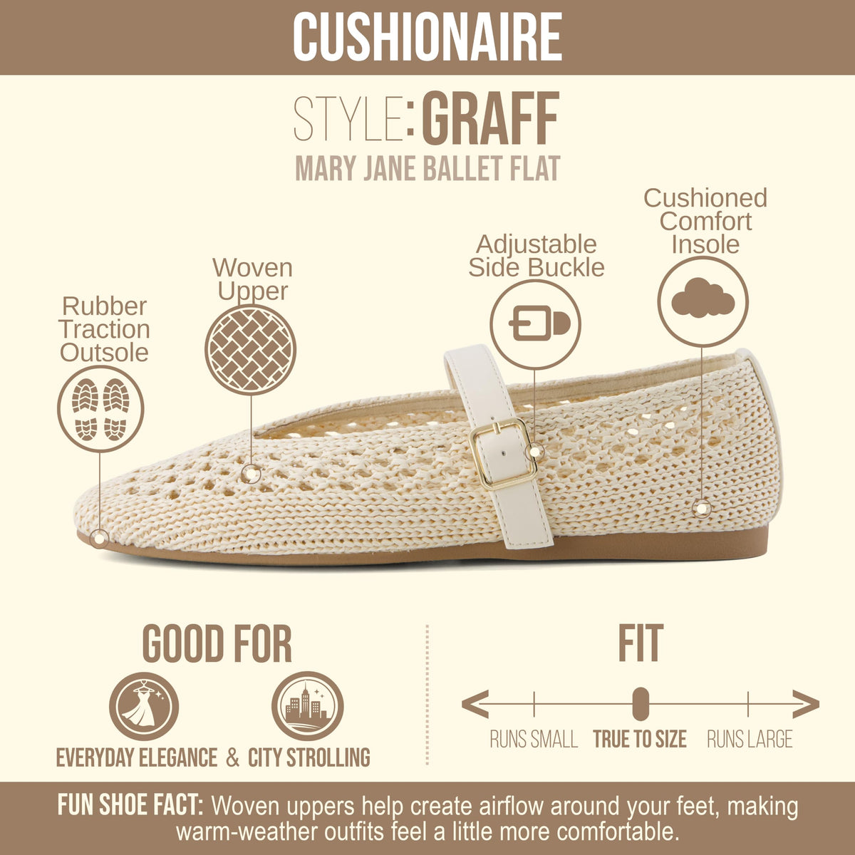 CUSHIONAIRE Graff Mary Jane Shoes for Women, Woven Ballet Flats with Adjustable Buckle Strap, Lightweight Slip On Shoes
