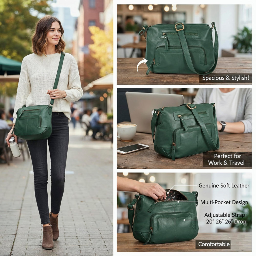 Oak Leathers Women's Crossbody Bag - Genuine Leather Crossover Shoulder Purse With Adjustable Sling Strap - Medium Size