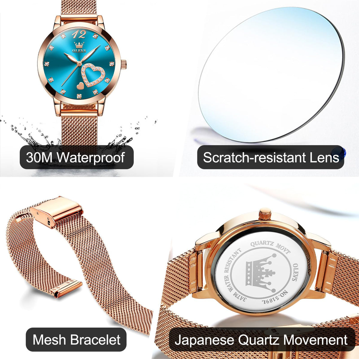 OLEVS Women's Small Wrist Rose Gold Tone Watch - Cute Diamond Heart Arabic Numerals Dial, Fashion Waterproof Mesh Bracelet Analog Dress for Ladies
