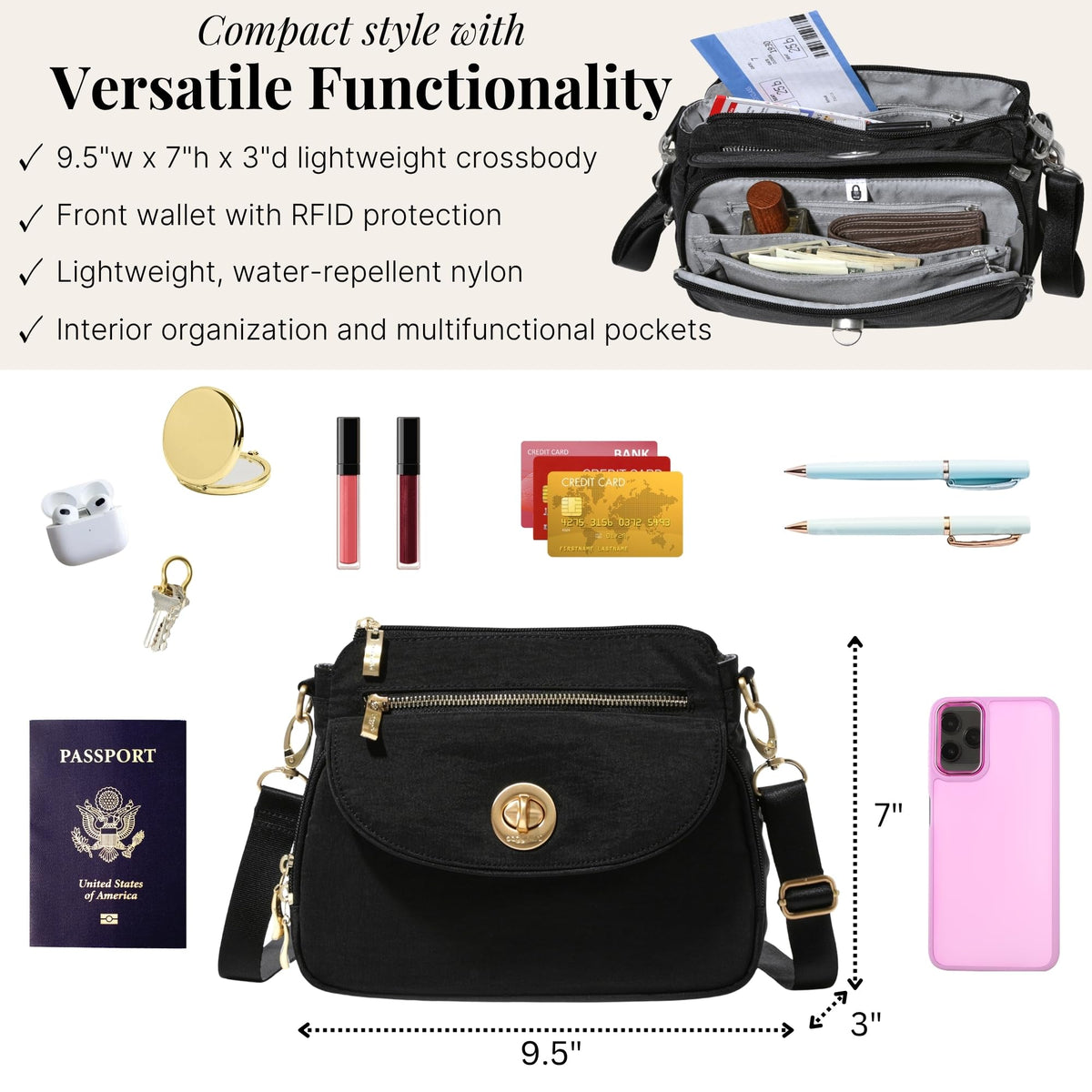 Baggallini Calais Crossbody Bags for Women 10x7 Lightweight Water-Resistant Travel Purse, RFID & Interior Organization