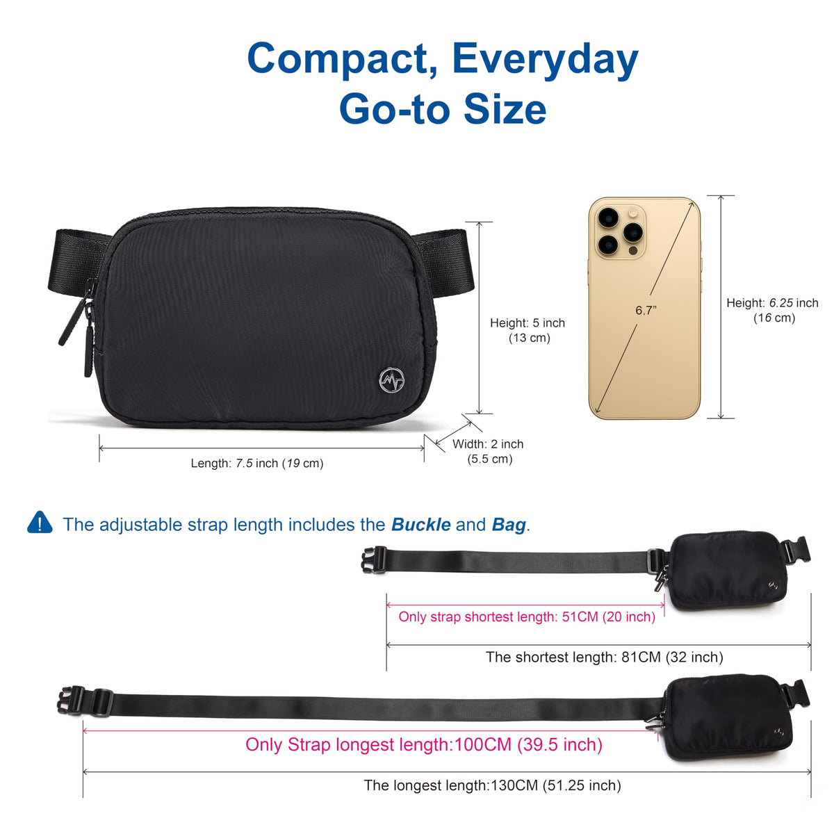 Pander Two Way Zipper Fanny Pack Nylon Everywhere Belt Bag for Women, Water Repellent Waist Packs, Crossbody Bags with Adjustable Strap (Black).