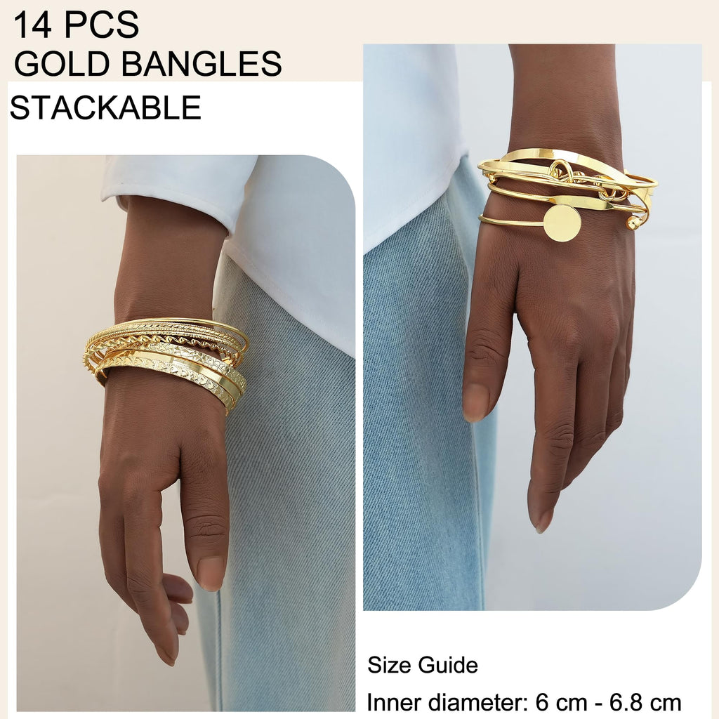 FAXHION Gold Bangle Bracelets for Women, 14 Pcs Multi Layer Stackable Bangle Set, 14K Gold Plated Textured Chunky Bracelets Boho Jewelrys Set