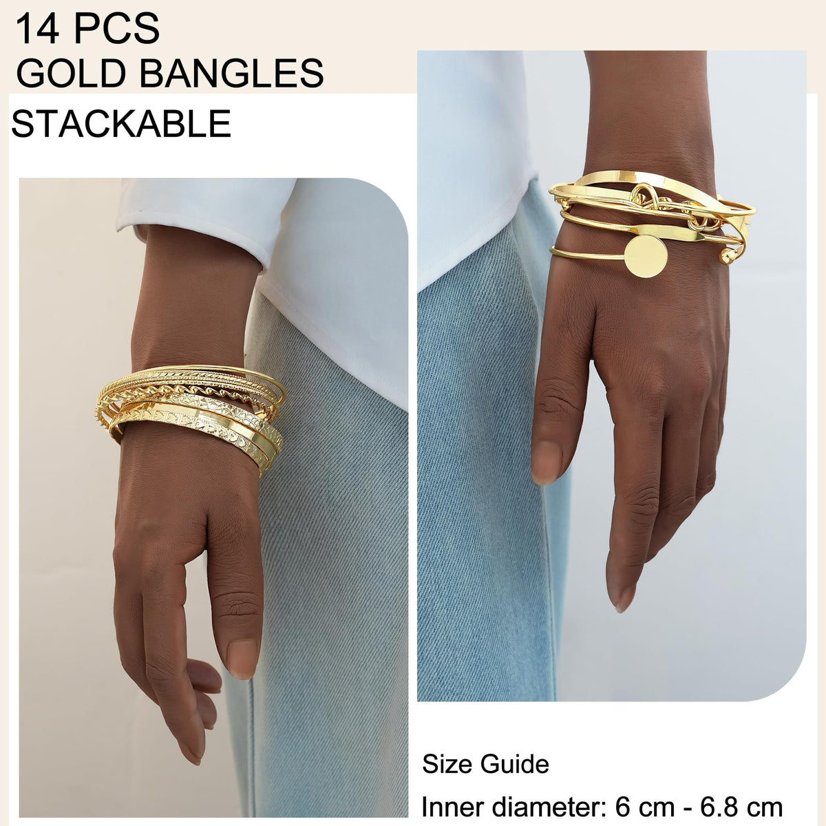 FAXHION Gold Bangle Bracelets for Women, 14 Pcs Multi Layer Stackable Bangle Set, 14K Gold Plated Textured Chunky Bracelets Boho Jewelrys Set