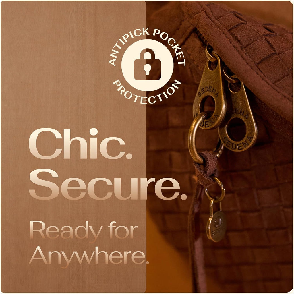 Woven Anti-Pickpocket Crossbody Bag for Women, Vegan Suede Travel Purse with RFID Pocket, Phone Pocket, Adjustable Strap and Extender, Hands-Free Sling Bag for Everyday and Travel, Dark Brown