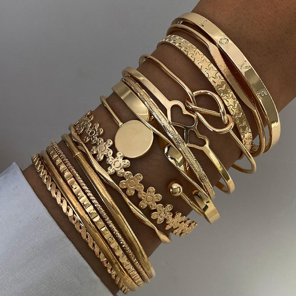 17IF Gold Bangle Bracelet For Women, 14k Multilayer Charm Textured Stackable Bracelets Boho Indian Chunky Cuff Fashion Jewelry Gift