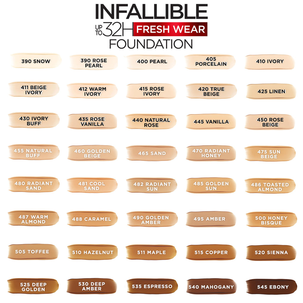 L'Oreal Paris Makeup Infallible Up to 32 Hour Fresh Wear Lightweight Foundation, 405 Porcelain, 1 Fl Oz, Packaging May Vary