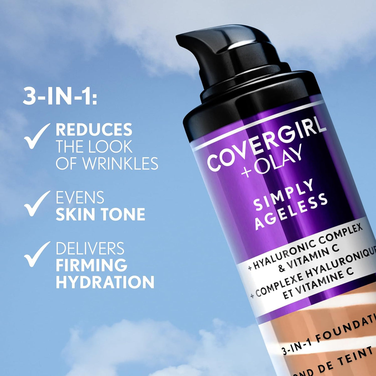 COVERGIRL & Olay Simply Ageless 3-in-1 Liquid Foundation, Matte Finish, Hyaluronic & Vitamin C Formula, 225 Buff Beige, 1 Count