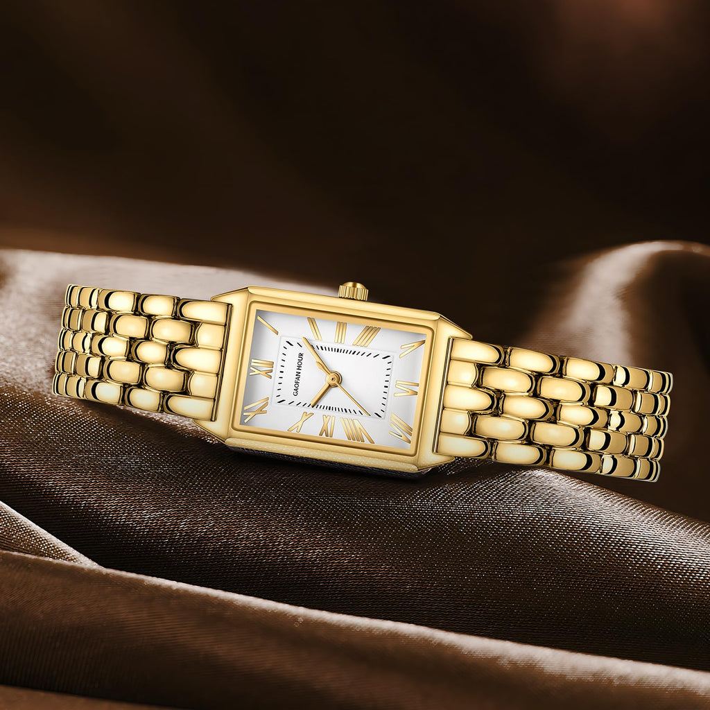 Gold Watches for Women with Vintage Rectangular Case,White Roman Dial,Stainless Steel Band,Adjustment Tool Included,Water Resistant