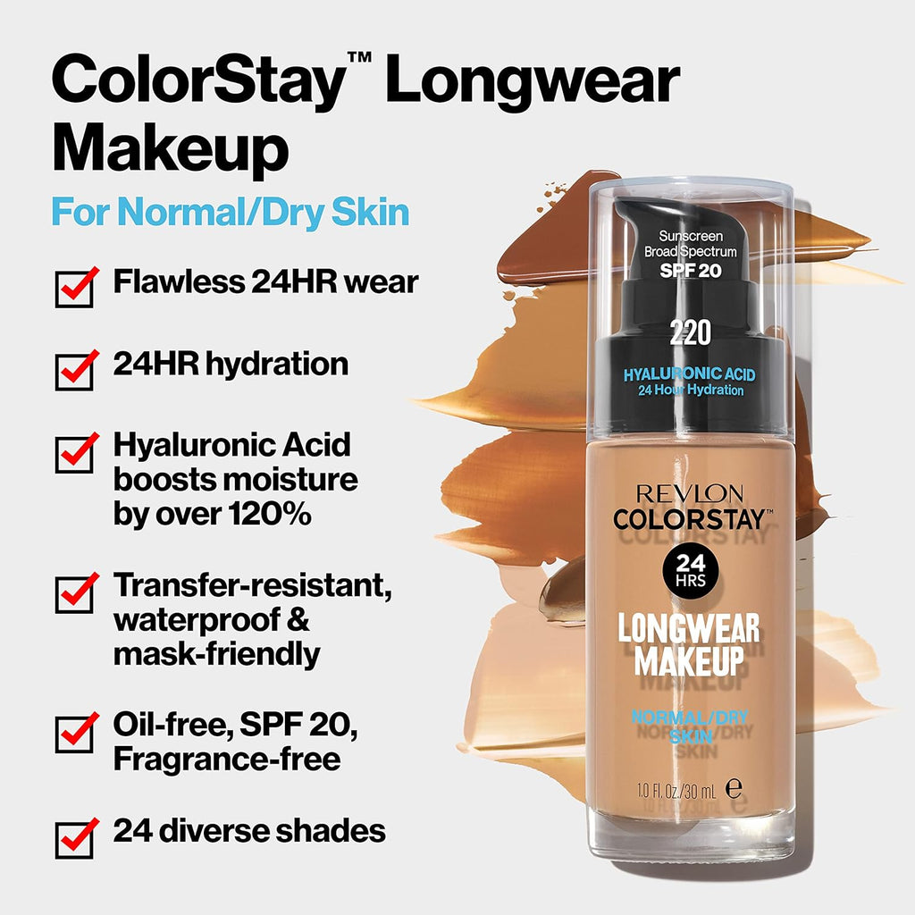 Revlon Liquid Foundation, ColorStay Face Makeup for Normal & Dry Skin, SPF 20, Longwear Medium-Full Coverage with Natural Finish, 240 Medium Beige, 1 Fl Oz
