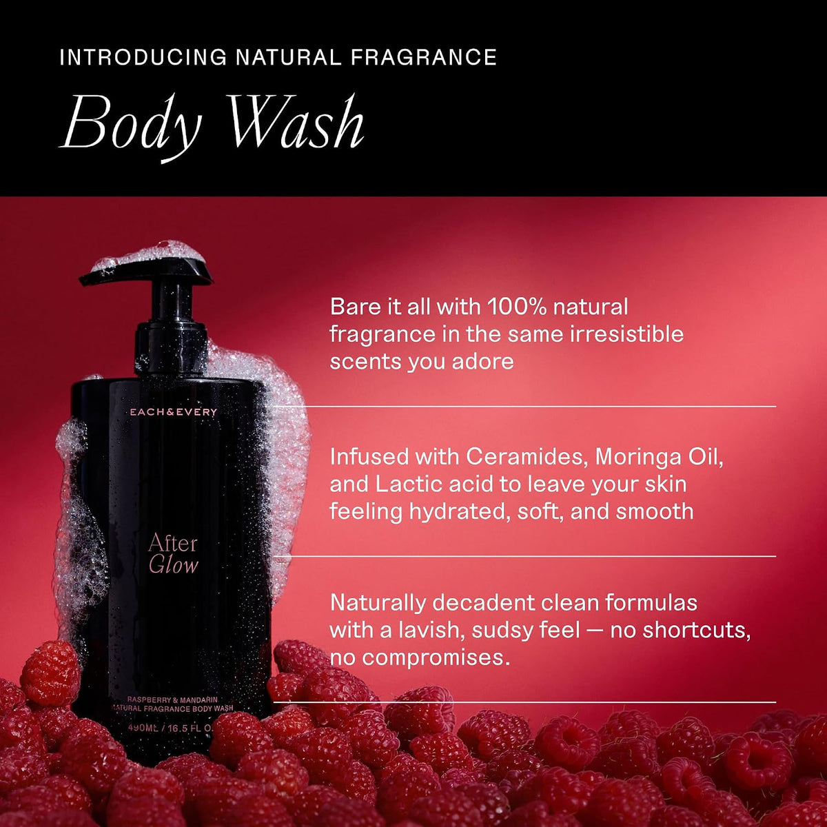 Each & Every After Glow Trio - Body Wash 16.5 Fl Oz, Natural Hair & Body Mist, Aluminum Free Deodorant 2.5 oz, Hydrating Cleanse, Odor Protection & Fresh Scent, Raspberry & Mandarin