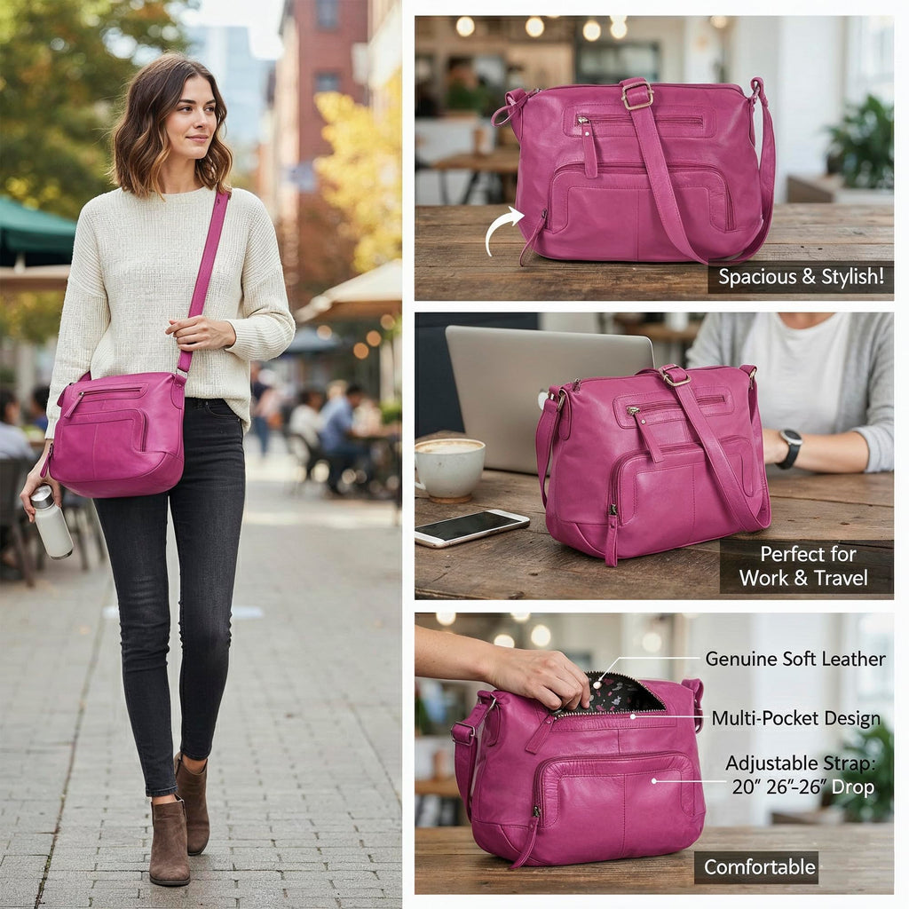 Oak Leathers Women's Crossbody Bag - Genuine Leather Crossover Shoulder Purse With Adjustable Sling Strap - Medium Size