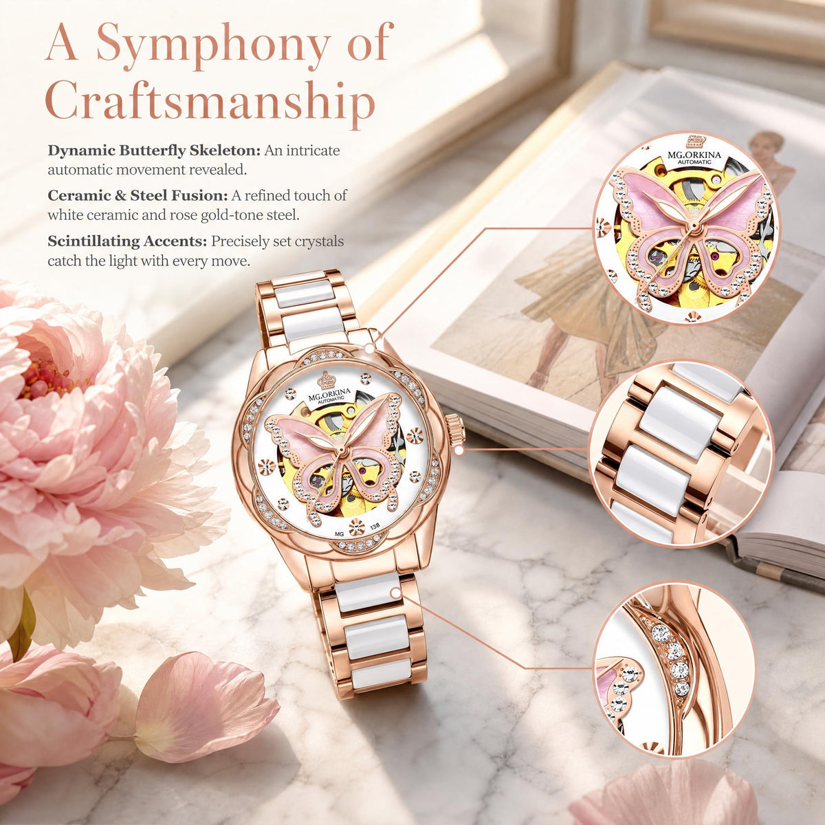 Vetra Women Watches Automatic Luxury Diamond Dress Ladies Watch Fashion Waterproof Ceramic Strap Rose Gold Self Winding Female Wrist Watch