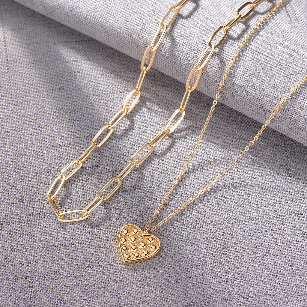 MEVECCO Layered Heart Necklace Pendant Handmade 18k Gold Plated Dainty Gold Choker Arrow Bar Layering Long Necklace for Women