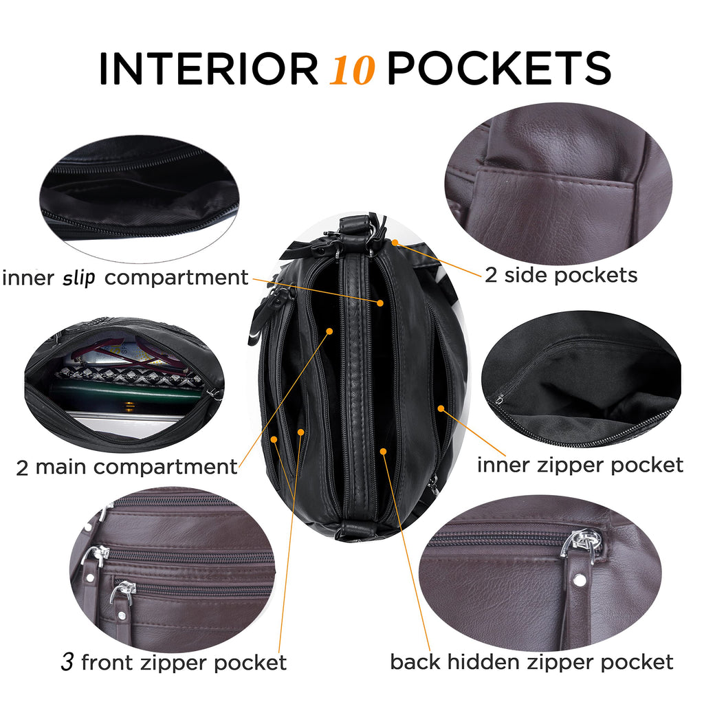 ELDA 10 Pockets Crossbody Purses for Women Medium Pocketbooks Lightweight Ladies Satchel Bag Multi Pocket Shoulder Handbag