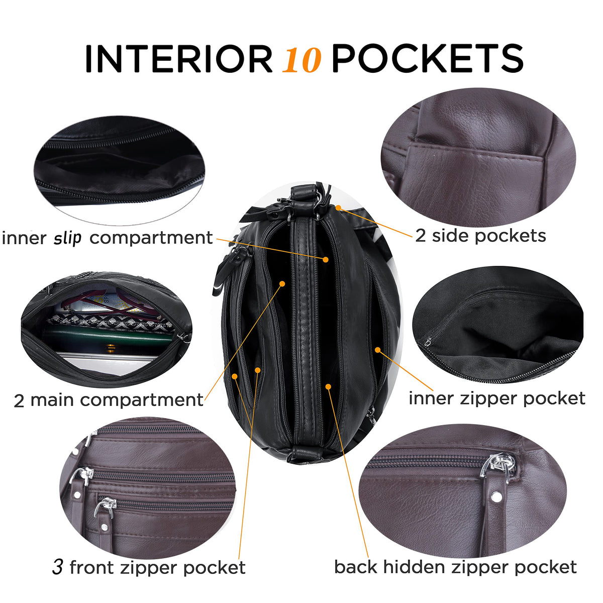 ELDA 10 Pockets Crossbody Purses for Women Medium Pocketbooks Lightweight Ladies Satchel Bag Multi Pocket Shoulder Handbag
