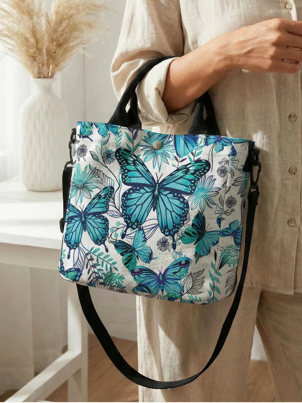 Teal Blue Butterfly Floral Tote Bag Detachable Strap Crossbody For Women Daily Shopping