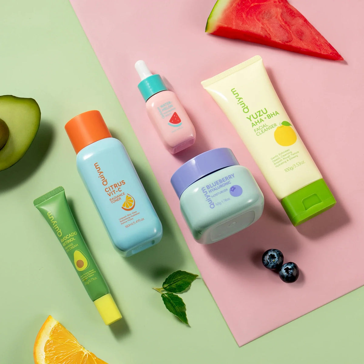 QUIYUM Fruit Fresh Collection 5-Piece Skincare Set Brightening Hydrating Anti-Age Facial Care for Dry Dull Skin