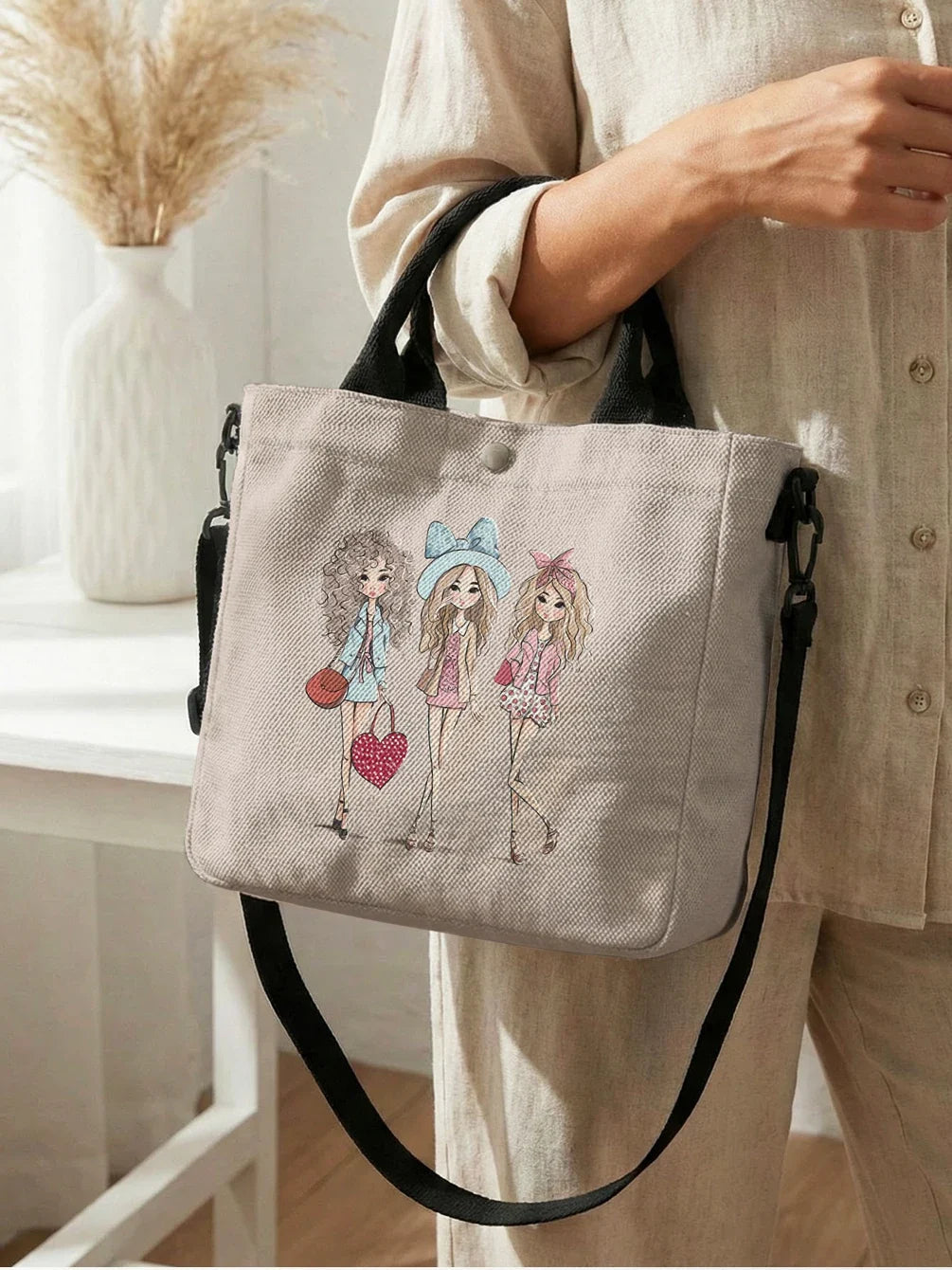 Cartoon Heart Print Tote Bag With Detachable Crossbody Strap For Women Everyday Use