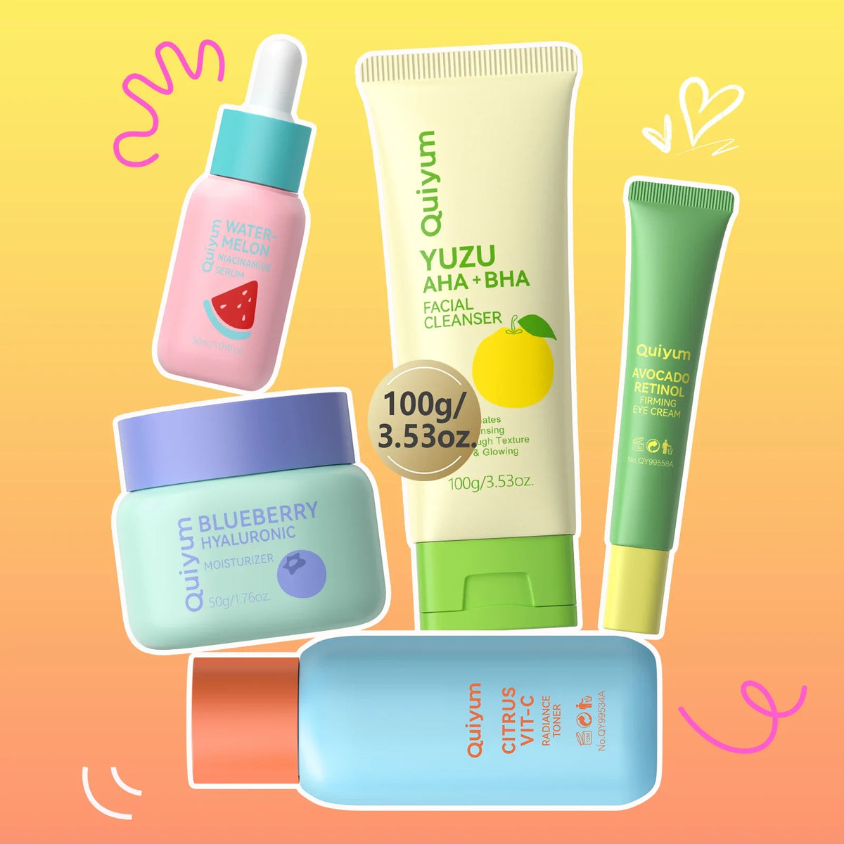 QUIYUM Fruit Fresh Collection 5-Piece Skincare Set Brightening Hydrating Anti-Age Facial Care for Dry Dull Skin