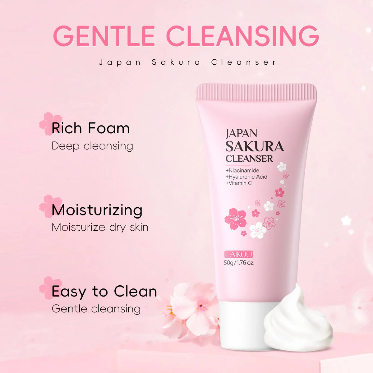 Laikou Sakura Facial Cleanser Deep Cleansing Pores Oil Control Moisturizing Brightening Face Wash Gentle For All Skin Types 50g