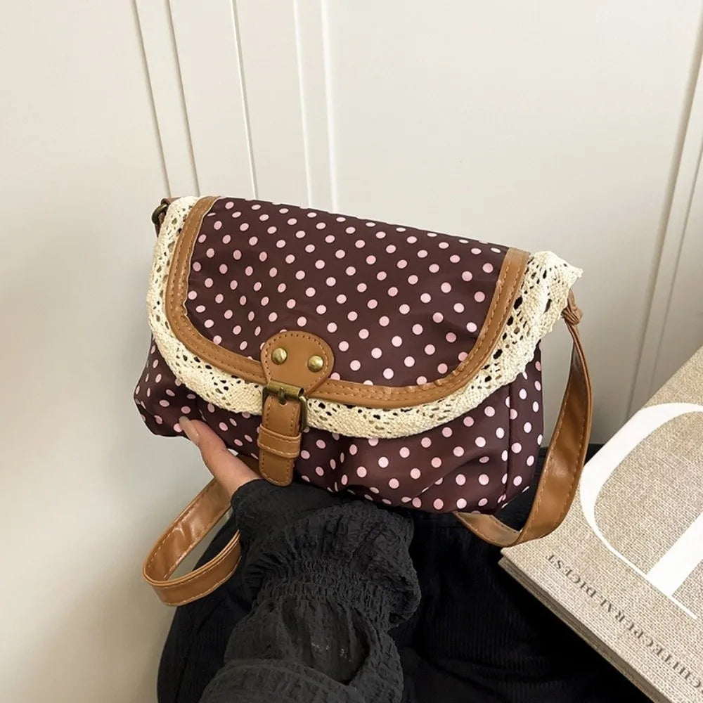 None Polka Dot Canvas Crossbody Bag - With Lace Trim For Women For Daily Casual Commute