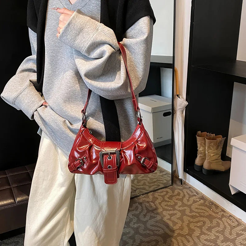 HEONYIRRY Maillard Style Retro Small Bag Spicy Girl Y2K Wasteland Vintage Leather Shoulder Armpit Bag - Zipper Closure