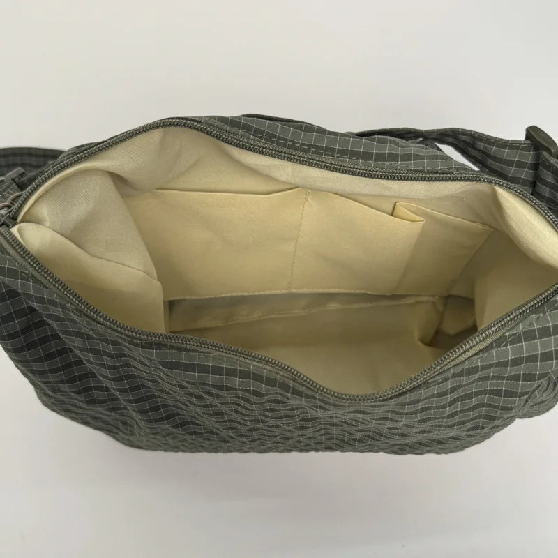 Brand Korean Nylon Crossbody Bag With Plaid Pattern - Phone Pocket