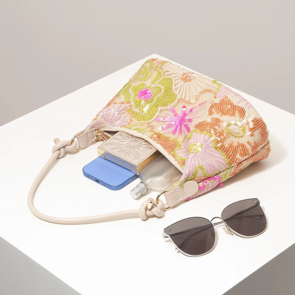 Women's Sequin Embroidered Shoulder Bag Floral Pattern For Evening Events And Weddings