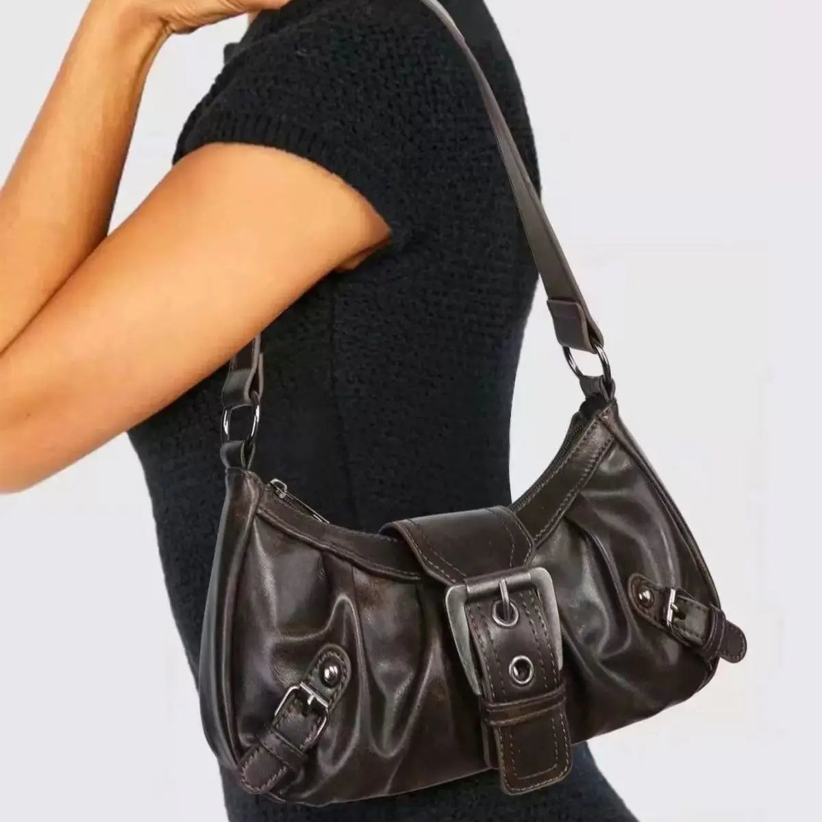 HEONYIRRY Maillard Style Retro Small Bag Spicy Girl Y2K Wasteland Vintage Leather Shoulder Armpit Bag - Zipper Closure