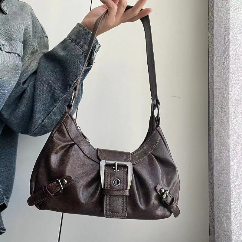 HEONYIRRY Maillard Style Retro Small Bag Spicy Girl Y2K Wasteland Vintage Leather Shoulder Armpit Bag - Zipper Closure