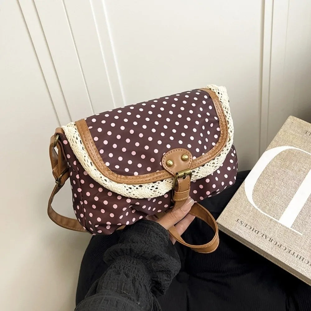 None Polka Dot Canvas Crossbody Bag - With Lace Trim For Women For Daily Casual Commute