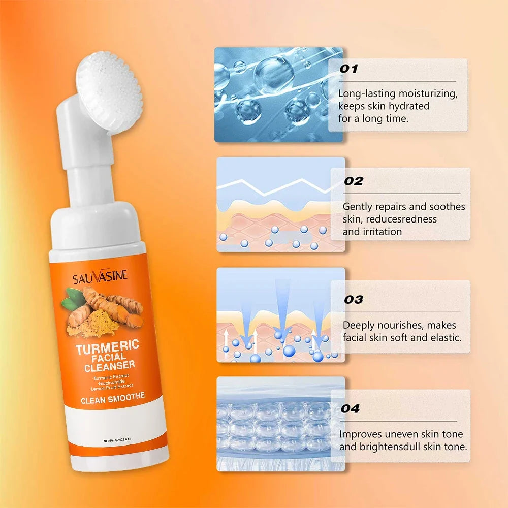 Turmeric Cleanser Moisturize Facial Brightening Skin Tone Daily Face Wash Foam with Brush Skin Care Clean Lemon Fruit Extract