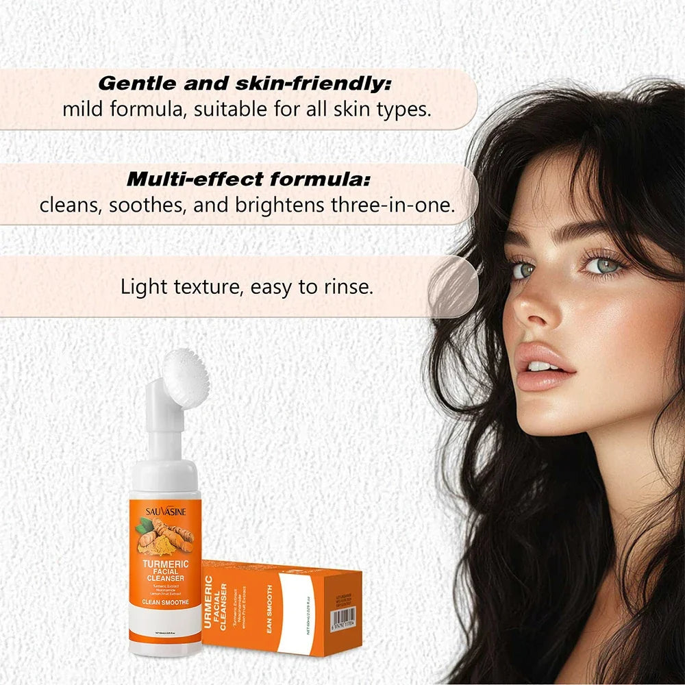 Turmeric Cleanser Moisturize Facial Brightening Skin Tone Daily Face Wash Foam with Brush Skin Care Clean Lemon Fruit Extract