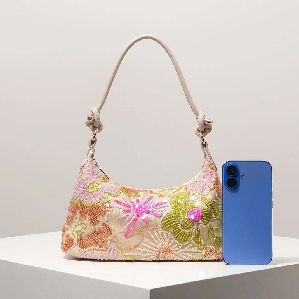 Women's Sequin Embroidered Shoulder Bag Floral Pattern For Evening Events And Weddings