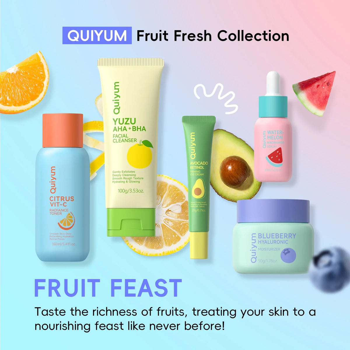 QUIYUM Fruit Fresh Collection 5-Piece Skincare Set Brightening Hydrating Anti-Age Facial Care for Dry Dull Skin