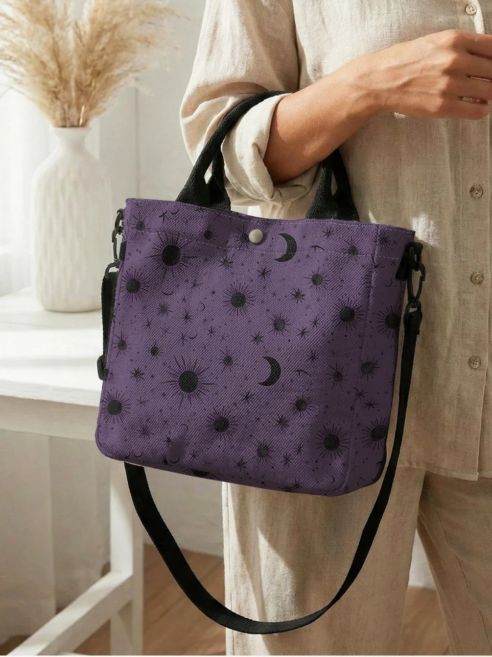 None Purple Sun Moon Star Print Tote Bag With Detachable Strap Crossbody - Versatile Daily Use For Women