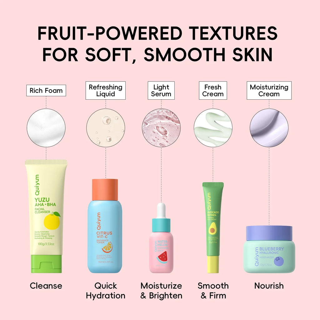 QUIYUM Fruit Fresh Collection 5-Piece Skincare Set Brightening Hydrating Anti-Age Facial Care for Dry Dull Skin