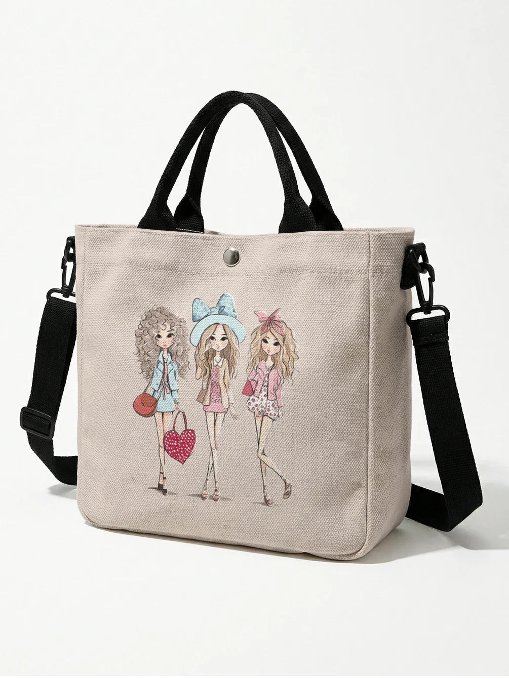 Cartoon Heart Print Tote Bag With Detachable Crossbody Strap For Women Everyday Use