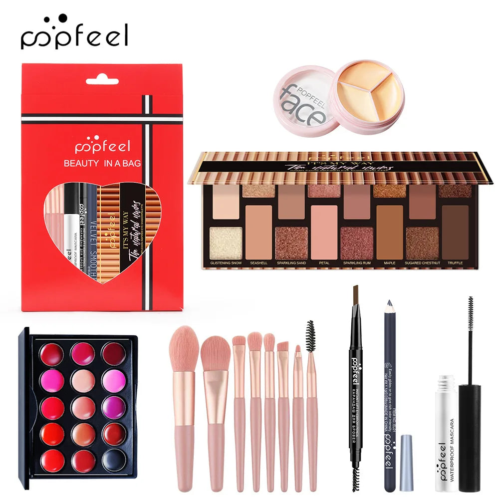 POPFEEL All-in-One Makeup Kit Gift Set with Eyeshadow Palette Foundation Lip Gloss Blush Brushes Eyeliner and More Beauty Gifts