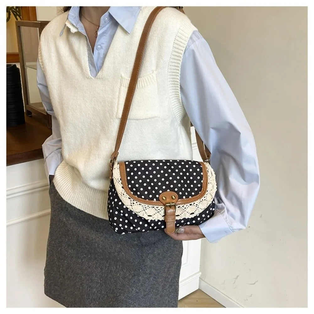 None Polka Dot Canvas Crossbody Bag - With Lace Trim For Women For Daily Casual Commute