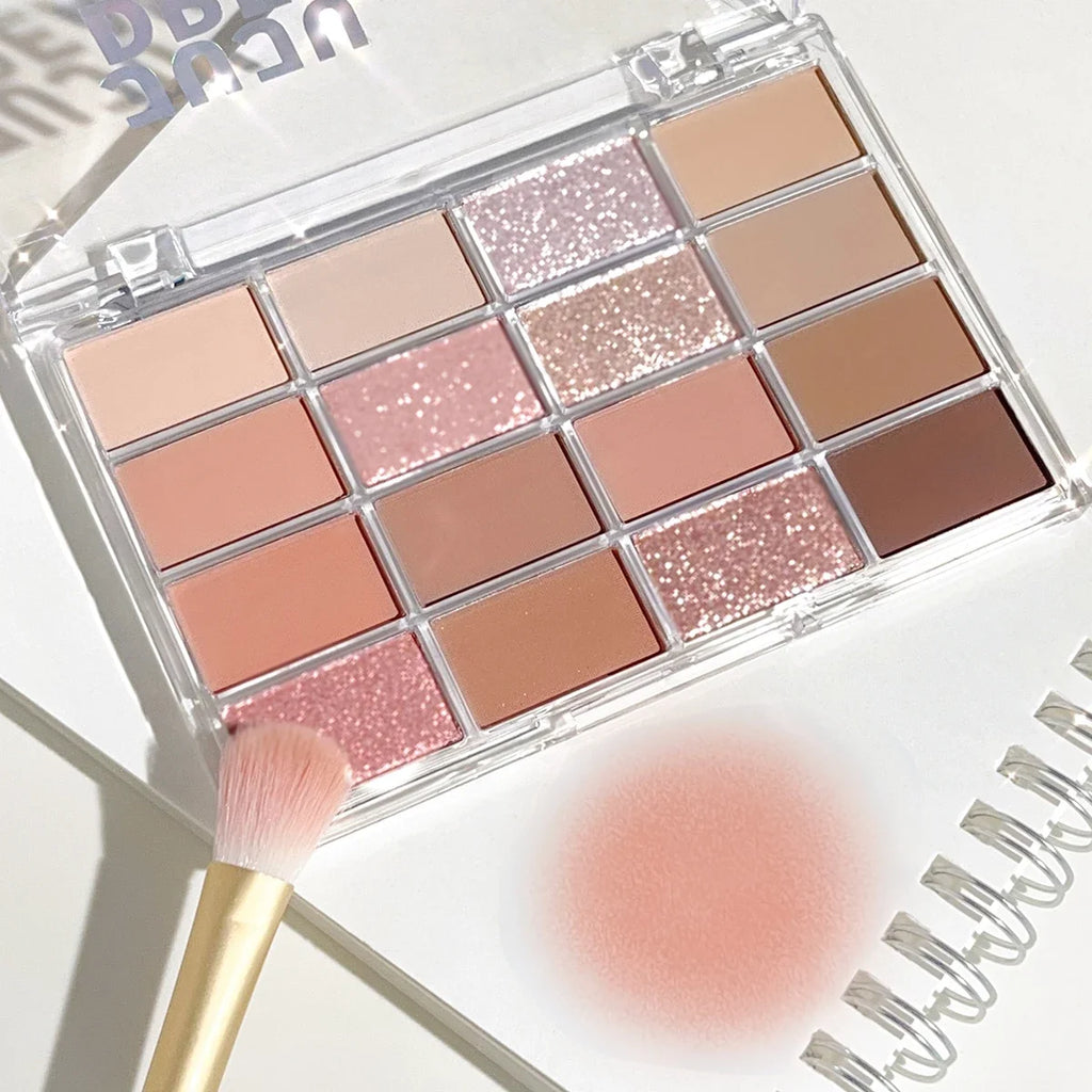 JUJU DREAM 16-Color Earth Tone Eyeshadow Matte & Shimmer Palette, Lying Silkworm Brightener for Soft Daily Makeup