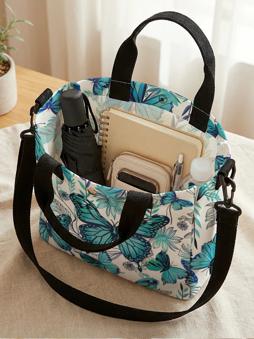 Teal Blue Butterfly Floral Tote Bag Detachable Strap Crossbody For Women Daily Shopping