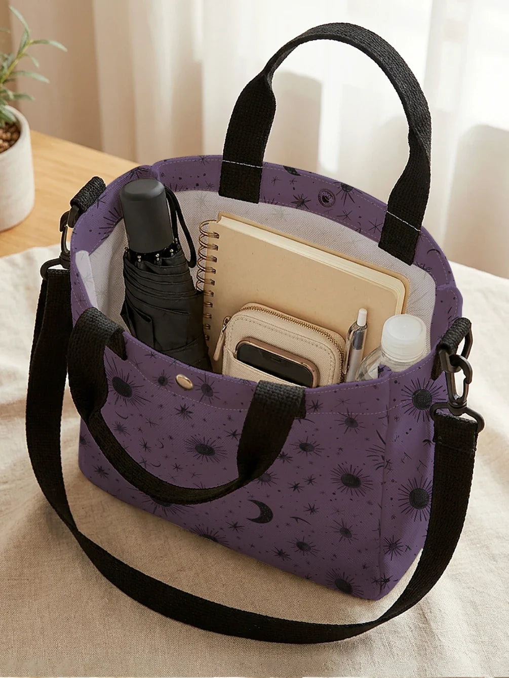 None Purple Sun Moon Star Print Tote Bag With Detachable Strap Crossbody - Versatile Daily Use For Women