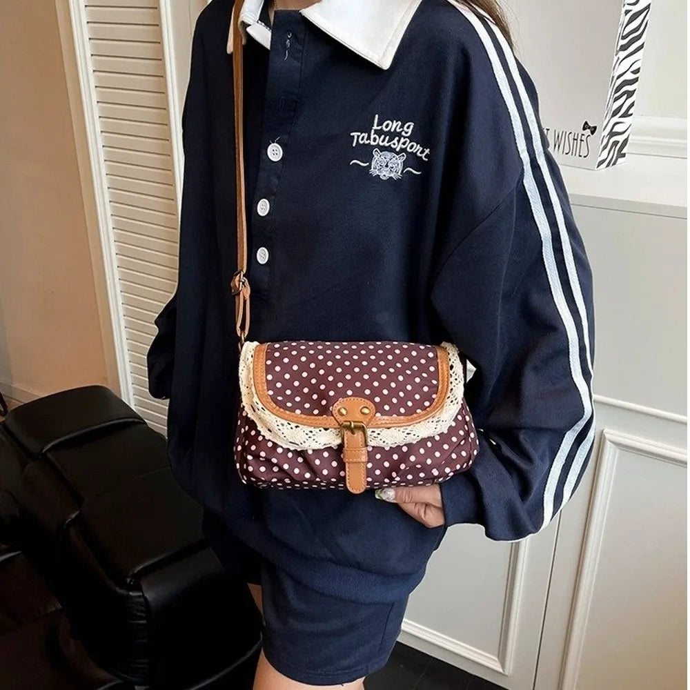 None Polka Dot Canvas Crossbody Bag - With Lace Trim For Women For Daily Casual Commute