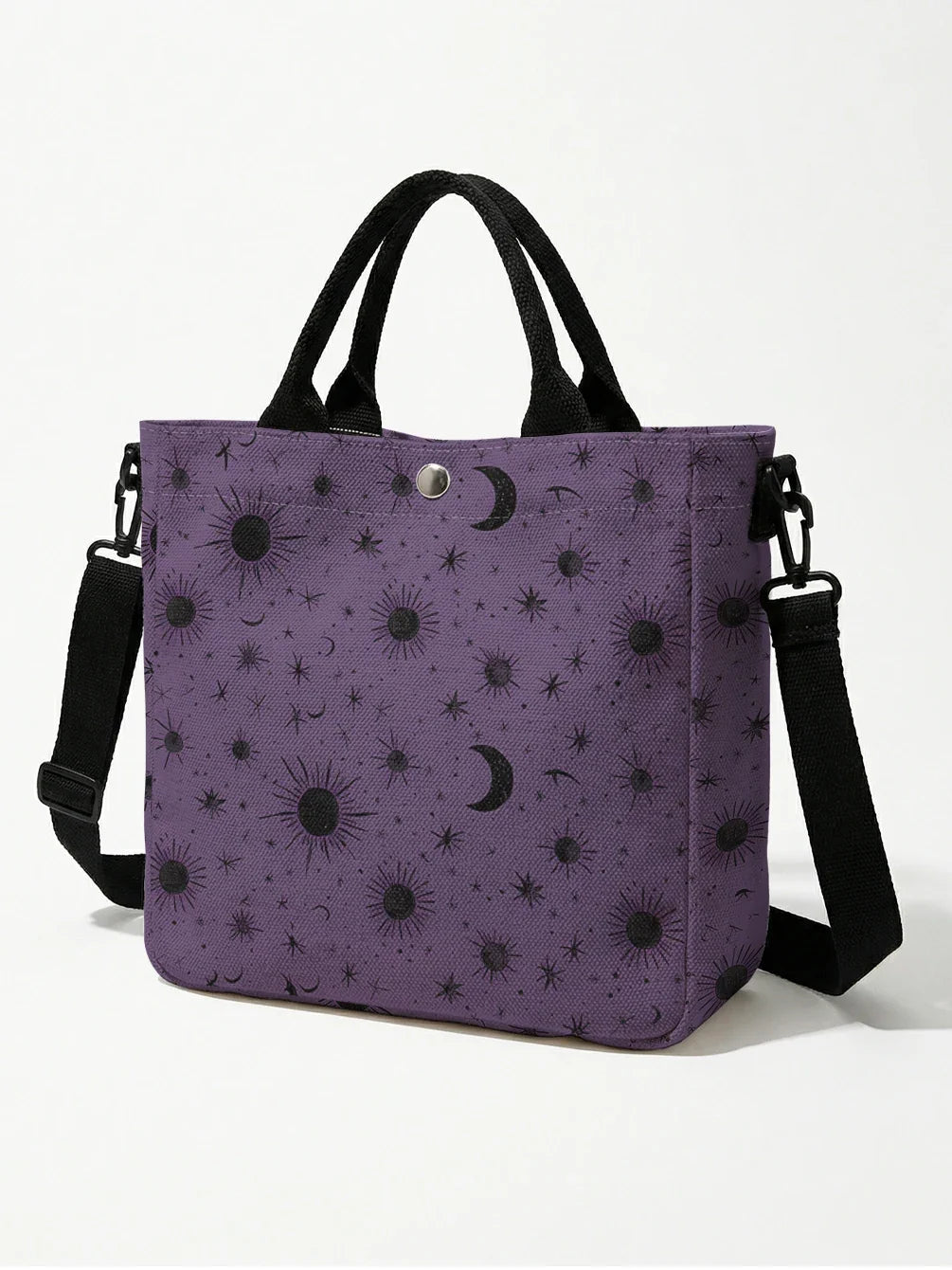 None Purple Sun Moon Star Print Tote Bag With Detachable Strap Crossbody - Versatile Daily Use For Women