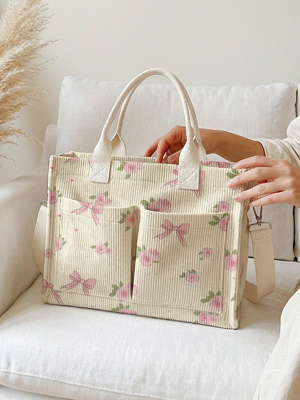 Corduroy Tote Bag Pink Rose Bow Print Large Capacity With Multiple Pockets For Commuter Or Everyday Use