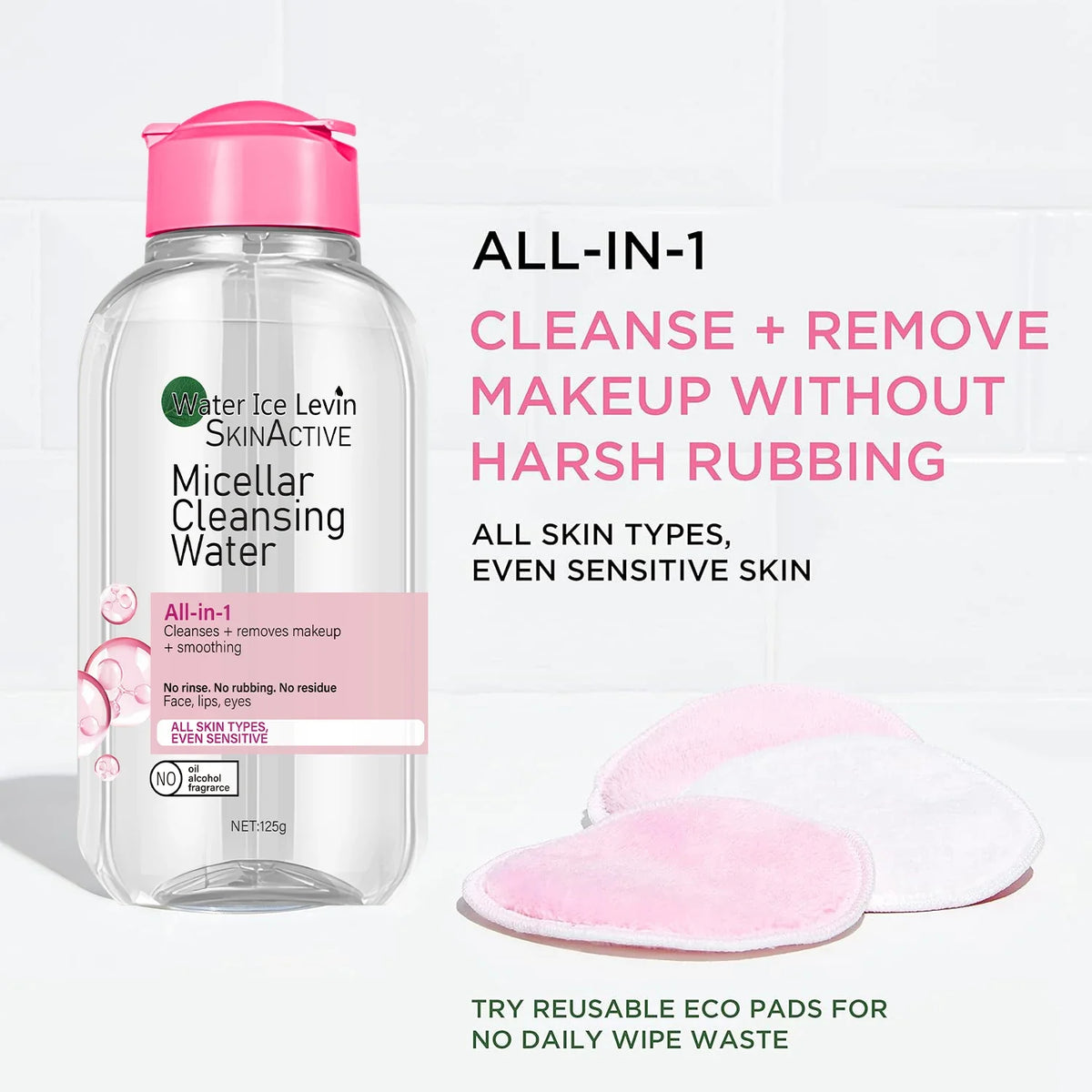 Water Ice Levin Micellar Water: All-in-1 Cleanser & Makeup Remover. No Rinse, No Rub, For Sensitive Skin. 125g.